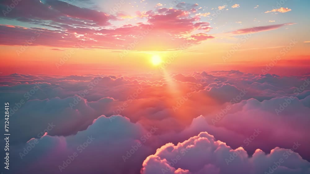 Above magical pink clouds with sunset. Aerial majestic sunrise above amazing cloudscape with sun light heavenly shining through golden clouds. Paradise clouds slow motion at pink sunset. Nature enviro Above magical pink clouds with sunset. Aerial majestic sunrise above amazing cloudscape with sun light heavenly shining through golden clouds. Paradise clouds slow motion at pink sunset. Nature enviro