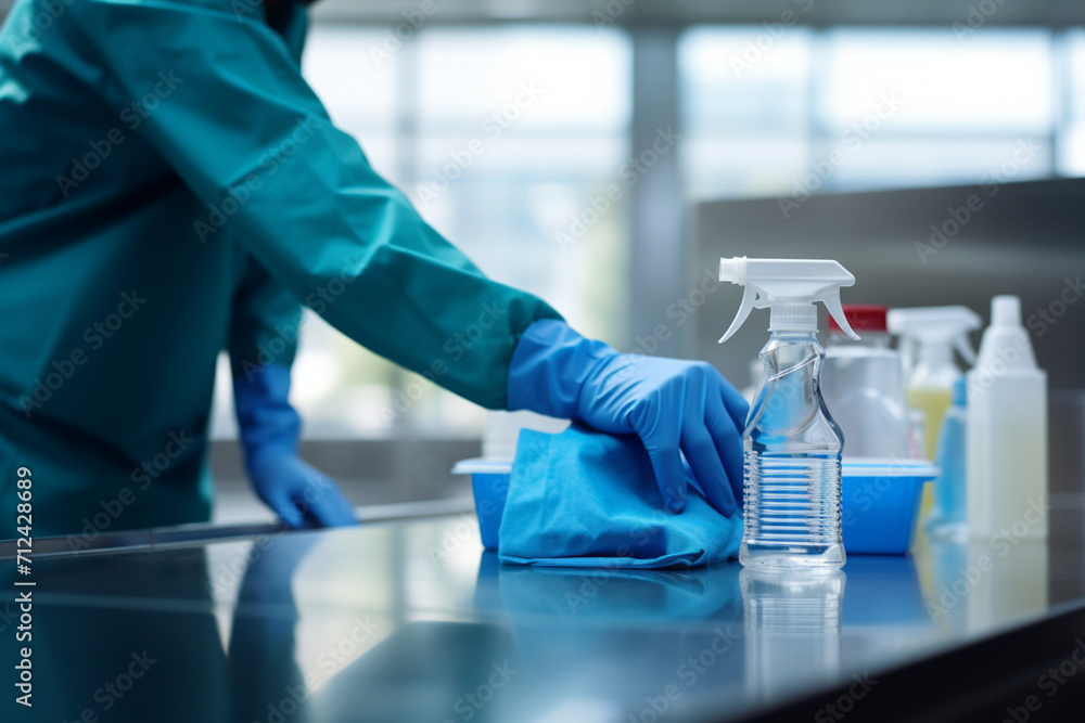 Cleaning container products with cleaner person hand in a office building or corporate business. Service worker scrub, gloves and liquid soap for disinfectant, sanitize and hygiene in the workplace Cleaning container products with cleaner person hand in a office building or corporate business. Service worker scrub, gloves and liquid soap for disinfectant, sanitize and hygiene in the workplace