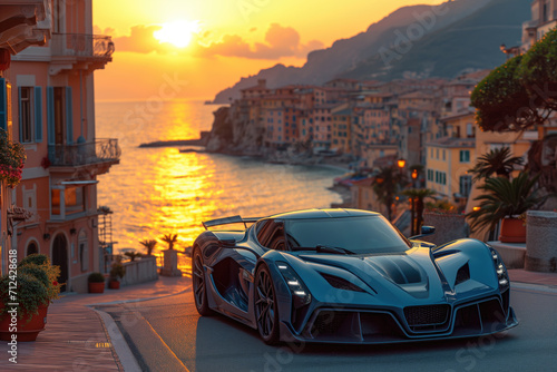 Wallpaper Mural Futuristic sports super concept car on the street of a European city, street racing on expensive exclusive luxury auto Torontodigital.ca