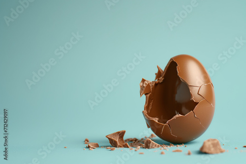 Broken chocolate egg with cracked eggshell. Minimal Easter holiday concept. Copy space. photo