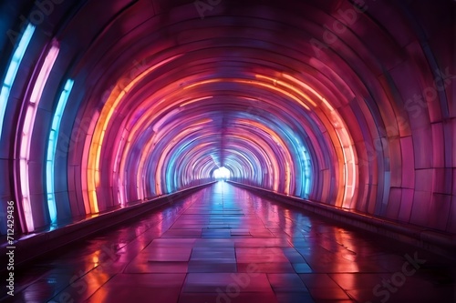 tunnel illuminated by colorful vibrant neon lights, background 