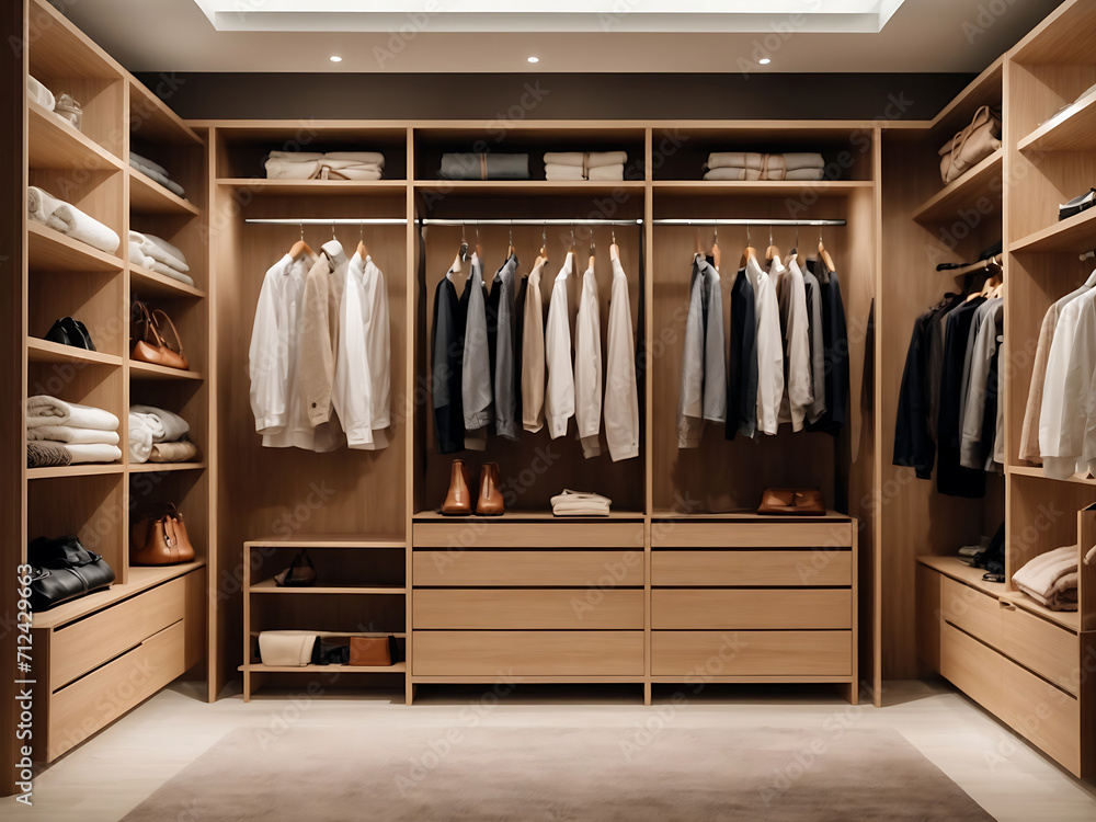 Modern minimalist men walk-in wardrobes with clothes hanging on rods, shelves, and drawers. Dressing room with space for storing and organizing accessories.