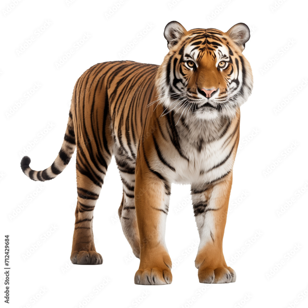 Full body portrait of a tiger, standing isolated on transparent background