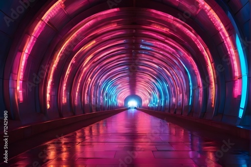 tunnel illuminated by colorful vibrant neon lights , background