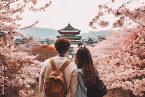 桜満開の日本を観光する外国人旅行客 photo