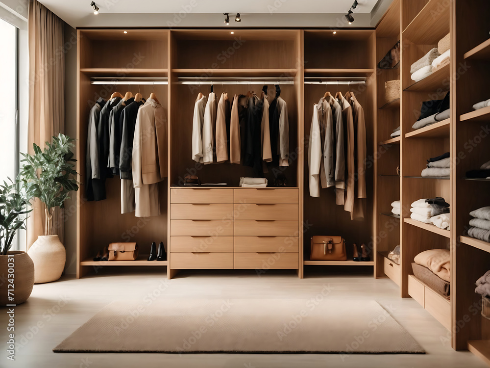 Modern minimalist men walk-in wardrobes with clothes hanging on rods, shelves, and drawers. Dressing room with space for storing and organizing accessories. Modern minimalist men walk-in wardrobes with clothes hanging on rods, shelves, and drawers. Dressing room with space for storing and organizing accessories.