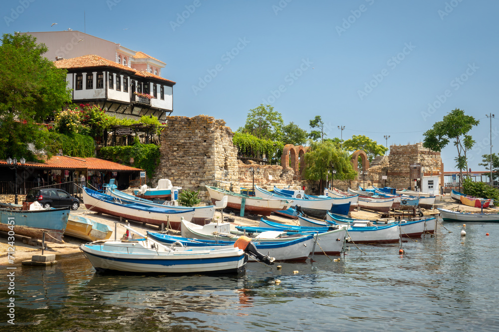 Old wooden fishing boats in port of nessebar, ancient city on the Black Sea coast of Bulgaria
