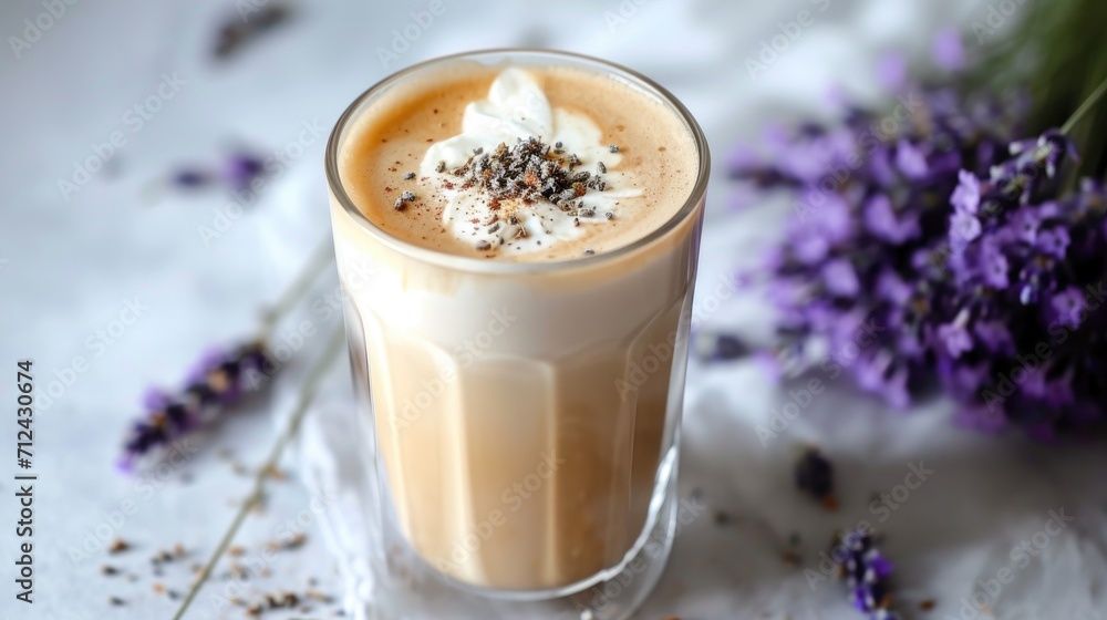 A latte with artistic foam and lavender sprigs on a wooden surface, suggesting a calming and aromatic experience A latte with artistic foam and lavender sprigs on a wooden surface, suggesting a calming and aromatic experience