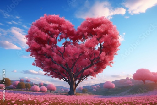 Heart tree in Valentine love pink landscape