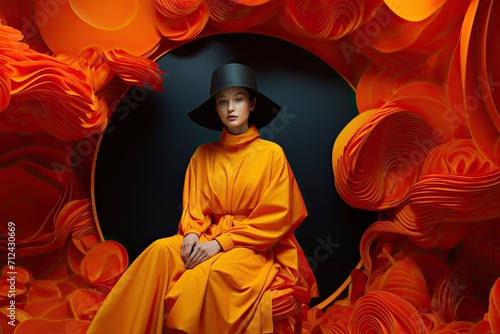 Woman in Orange in a Surreal Red Swirled Setting