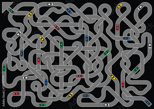 Vector illustration of the entangled roads with riding cars	
