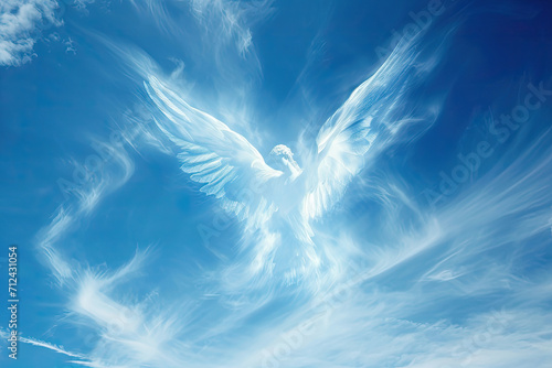 Angel spirit in blue sky with clouds. Generative AI photo