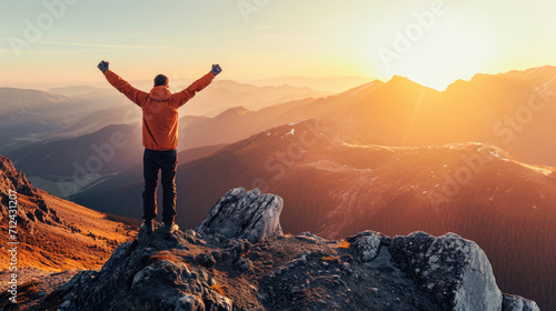 Positive man celebrating on mountain top  with arms raised up. Generative AI