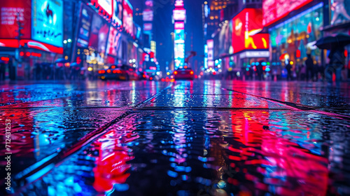 A rain-soaked street reflecting neon signs in a bustling city at night, with vibrant splashes of red and blue light on the pavement