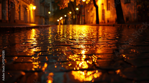 A cityscape after a downpour  with the warm glow of streetlights casting reflections on the wet cobblestones  creating a mosaic of gold and amber