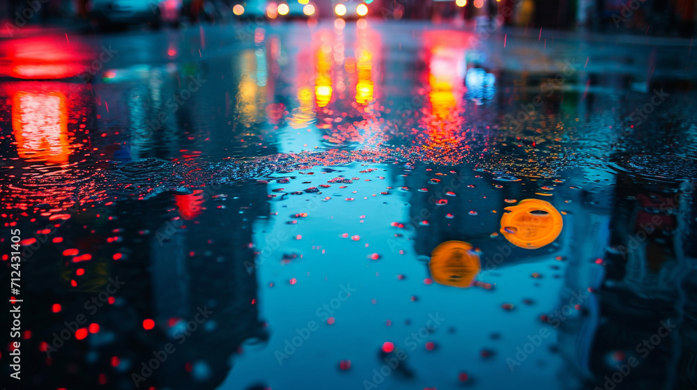 A close-up of a puddle on a rainy city night, capturing the dance of streetlights and signage reflected in the water's surface