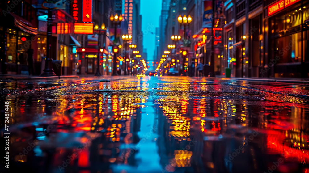 The glossy sheen of a metropolitan street at dusk, with street lamps and store fronts creating a kaleidoscope of reflected colors