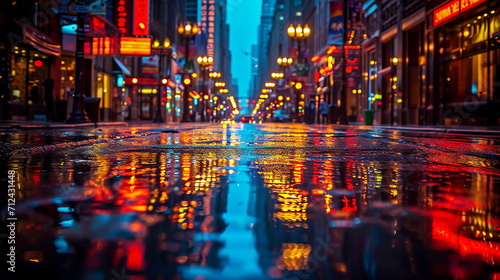 The glossy sheen of a metropolitan street at dusk, with street lamps and store fronts creating a kaleidoscope of reflected colors © Denis Yevtekhov