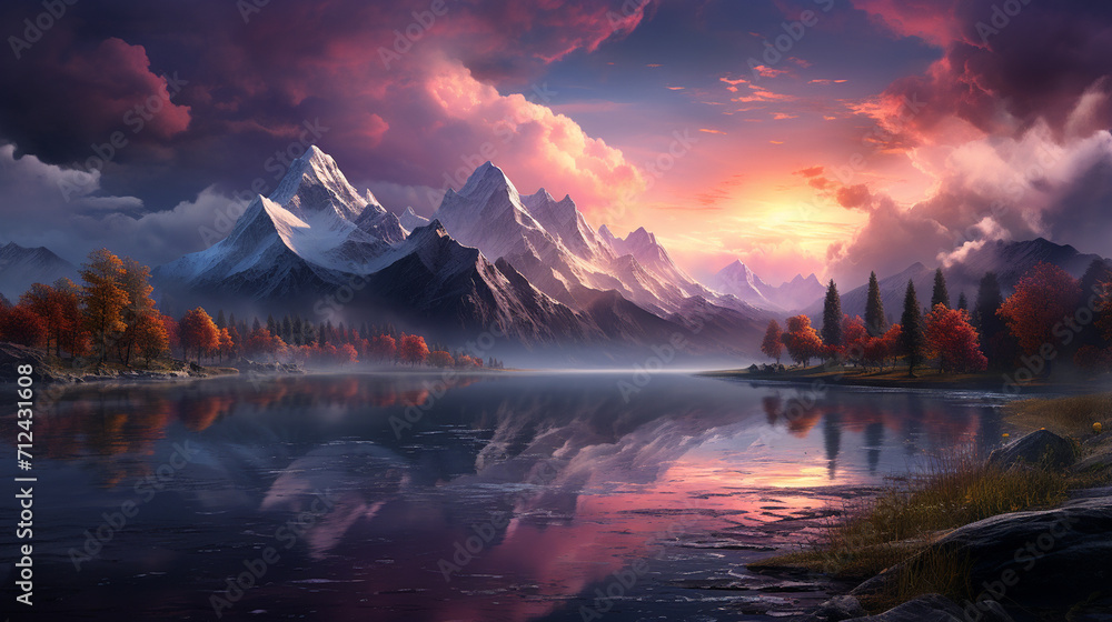 sunset in the mountains for wallpaper background , Generate AI