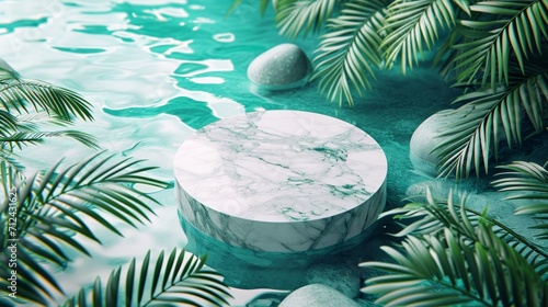 Top view of marble podium stand in swimming pool water with palm leaves. Summer tropical background for luxury product placement.