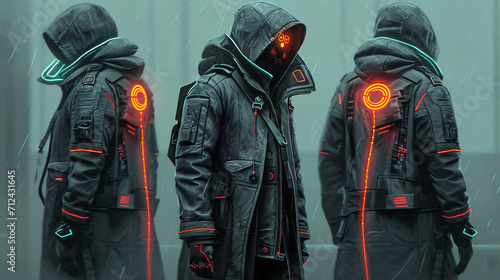 A character concept for a black-market tech dealer, wearing a coat with hidden compartments for contraband chips and cybermods, highlighted with subtle neon accents photo