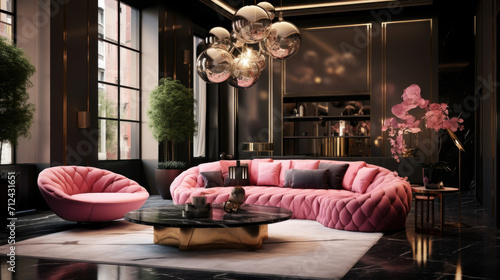 Pink velvet sofa in a luxurious living room interior with molding on pink walls and retro design photo