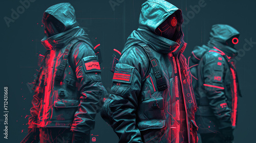 A character concept for a black-market tech dealer, wearing a coat with hidden compartments for contraband chips and cybermods, highlighted with subtle neon accents photo