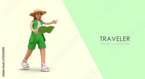 3D female tourist in cartoon style. Girl in green clothes holds map and indicates direction. Color layout. Advertising concept for travel agency, navigation applications