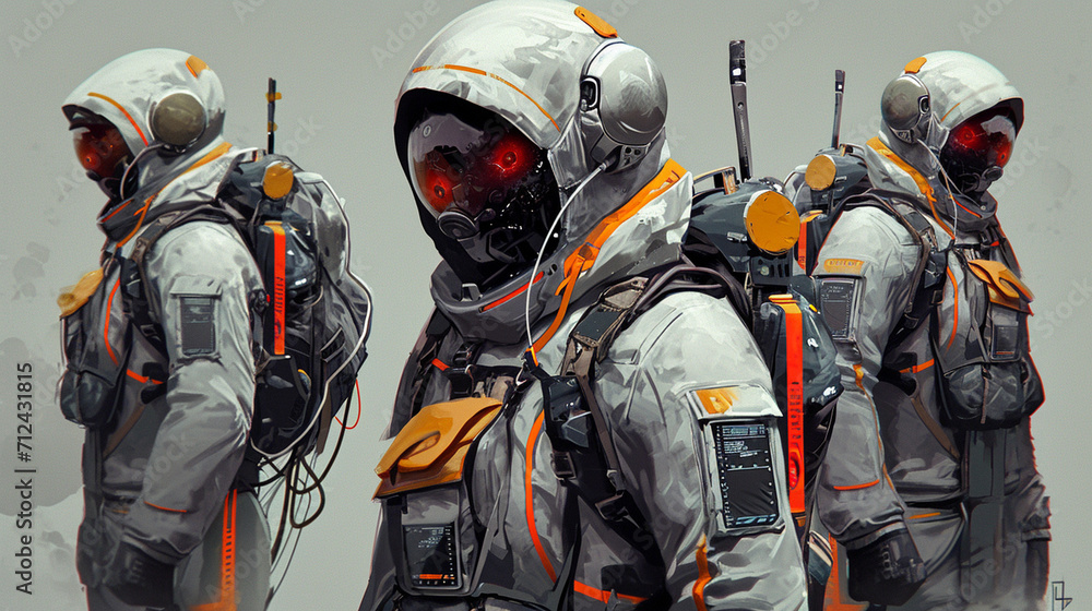 A character concept showcasing a rogue AI hunter, equipped with a signal jamming backpack, and a visor for tracking digital entities A character concept showcasing a rogue AI hunter, equipped with a signal jamming backpack, and a visor for tracking digital entities