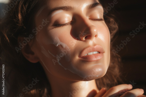 Close up of woman applying moisturizer on sunburned skin 