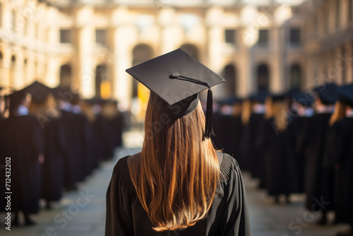 Female graduate student wearing a cloak and hat. Graduation ceremony or convocation with a blurred background