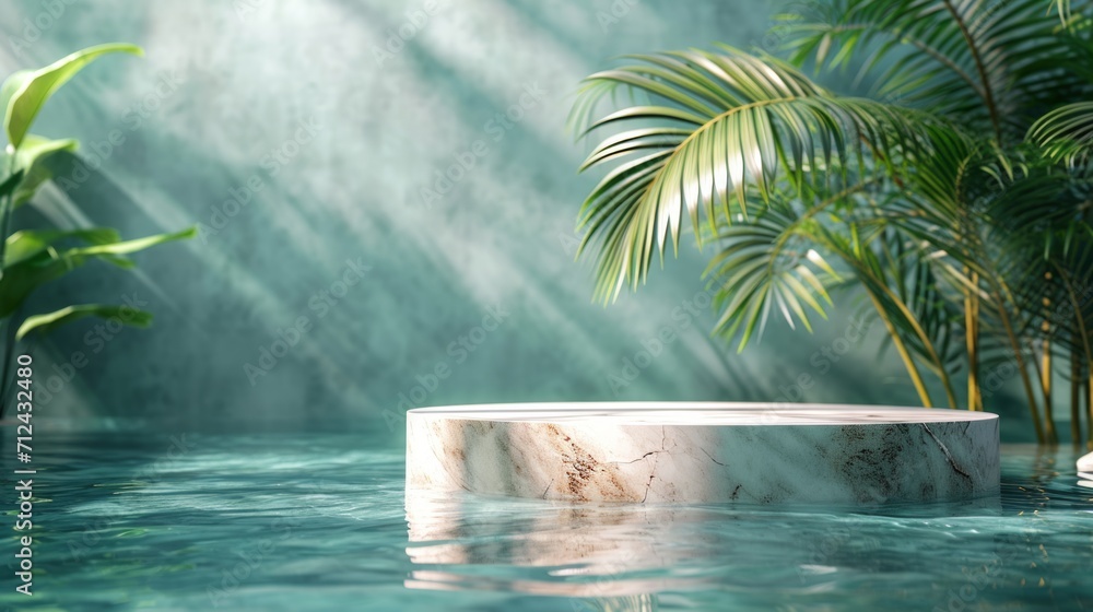 Top view of marble podium stand in swimming pool water with palm leaves. Summer tropical background for luxury product placement. - obrazy, fototapety, plakaty 