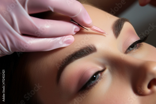 Close-up of a beautician hands microblading eyebrows to model  photo