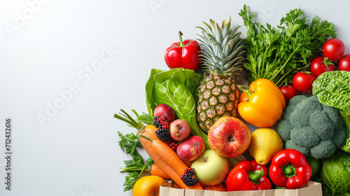 Delivery healthy food background. Healthy vegan vegetarian food in paper bag vegetables and fruits on white background  copy space  banner. Shopping food supermarket and clean vegan eating concept mix