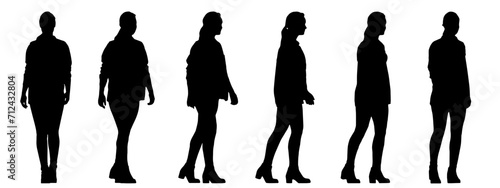 Vector concept conceptual black silhouette of a casually dressed woman walking from different perspectives isolated on white background. A metaphor for relaxation, comfortable, practical and lifestyle