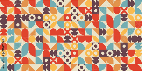 Geometric abstract shapes background. Seamless pattern in trendy retro brutalism style. Modern vector illustration.