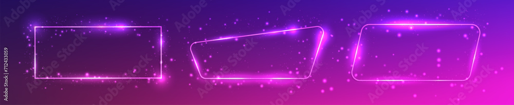 Set of neon frames with shining effects and sparkles