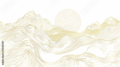 Abstract Vector Japanese Mountain Wave Line Art Print. Soft pastel colour harmony. Vector Graphics of Contemporary. Fuji. Chinese. Aesthetic, Featuring Majestic Mountain Scenes. Line pattern © Hazal