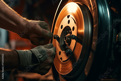 Close-up of a human hand screwing a wheel on a repair shop 