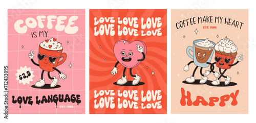Valentine's Day set of vintage posters. Happy and cheerful retro mascots. Old animation 50s 60s 70s, groovy cartoon characters of coffee sweets and hearts, donut, cupcake, espresso, latte, present