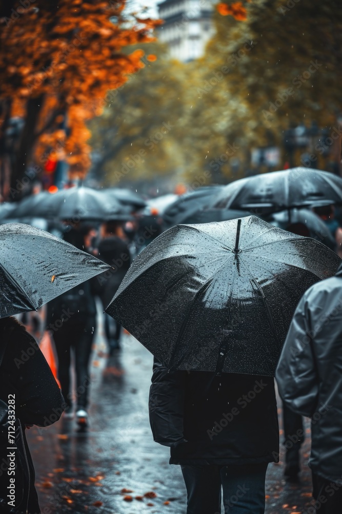 A group of people walking down a street while holding umbrellas. This image can be used to depict a rainy day or a city scene during a rainstorm