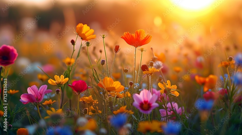 Wildflowers in a meadow, bathed in the warm hues of a late afternoon sun.