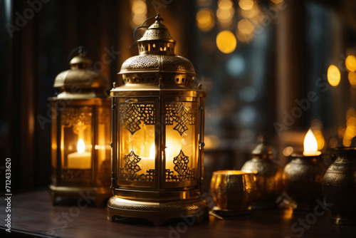 Luminous tradition. A lantern, softly lit by a candle, traditional customs observed during Ramadan Kareem. Wallpaper banner with copy space.