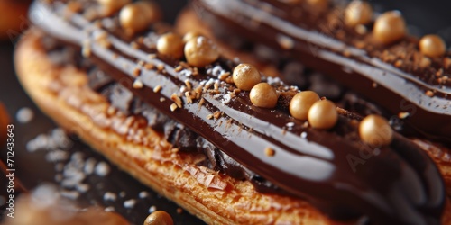 A close-up view of a delectable pastry adorned with rich chocolate and crunchy nuts. Perfect for showcasing the deliciousness of desserts and enticing food lovers.