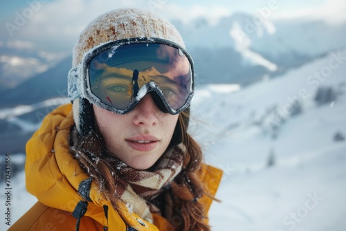A woman wearing a yellow jacket and goggles standing on a snowy mountain. Perfect for outdoor adventure and winter sports concepts