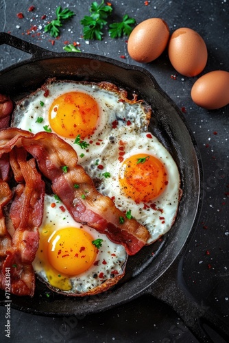 A frying pan filled with eggs and bacon. Suitable for breakfast or cooking concepts