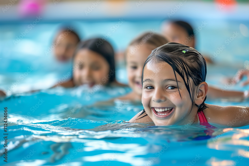 Obraz premium Diverse young children enjoying swimming lessons in pool, learning water safety skills, showing joy and camaraderie, representing a healthy lifestyle. 