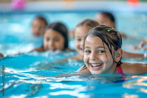 Diverse young children enjoying swimming lessons in pool, learning water safety skills, showing joy and camaraderie, representing a healthy lifestyle.	
