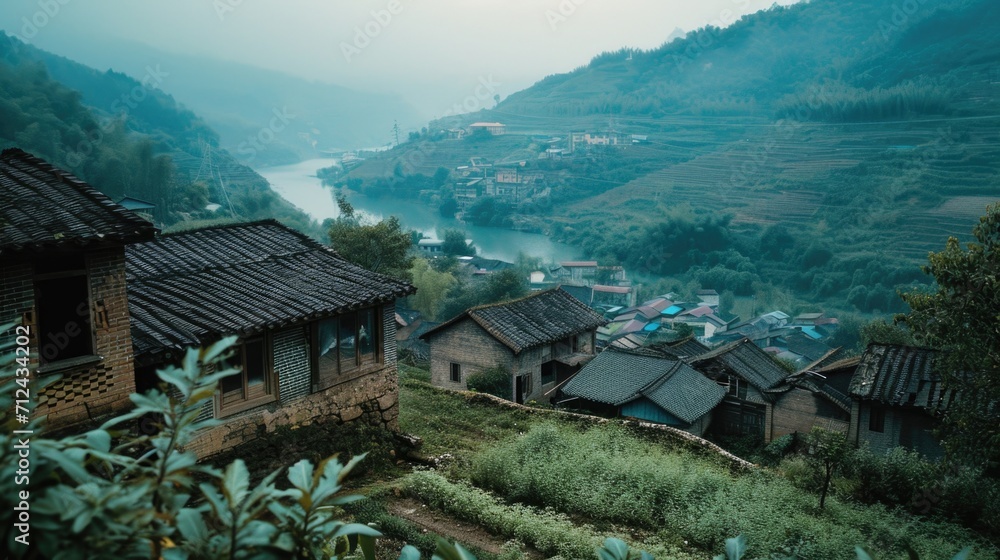 A scenic view of a village with a river in the background. Ideal for travel brochures or nature-themed designs