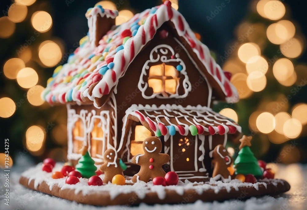 A gingerbread house with candy and icing Christmas Holidays background